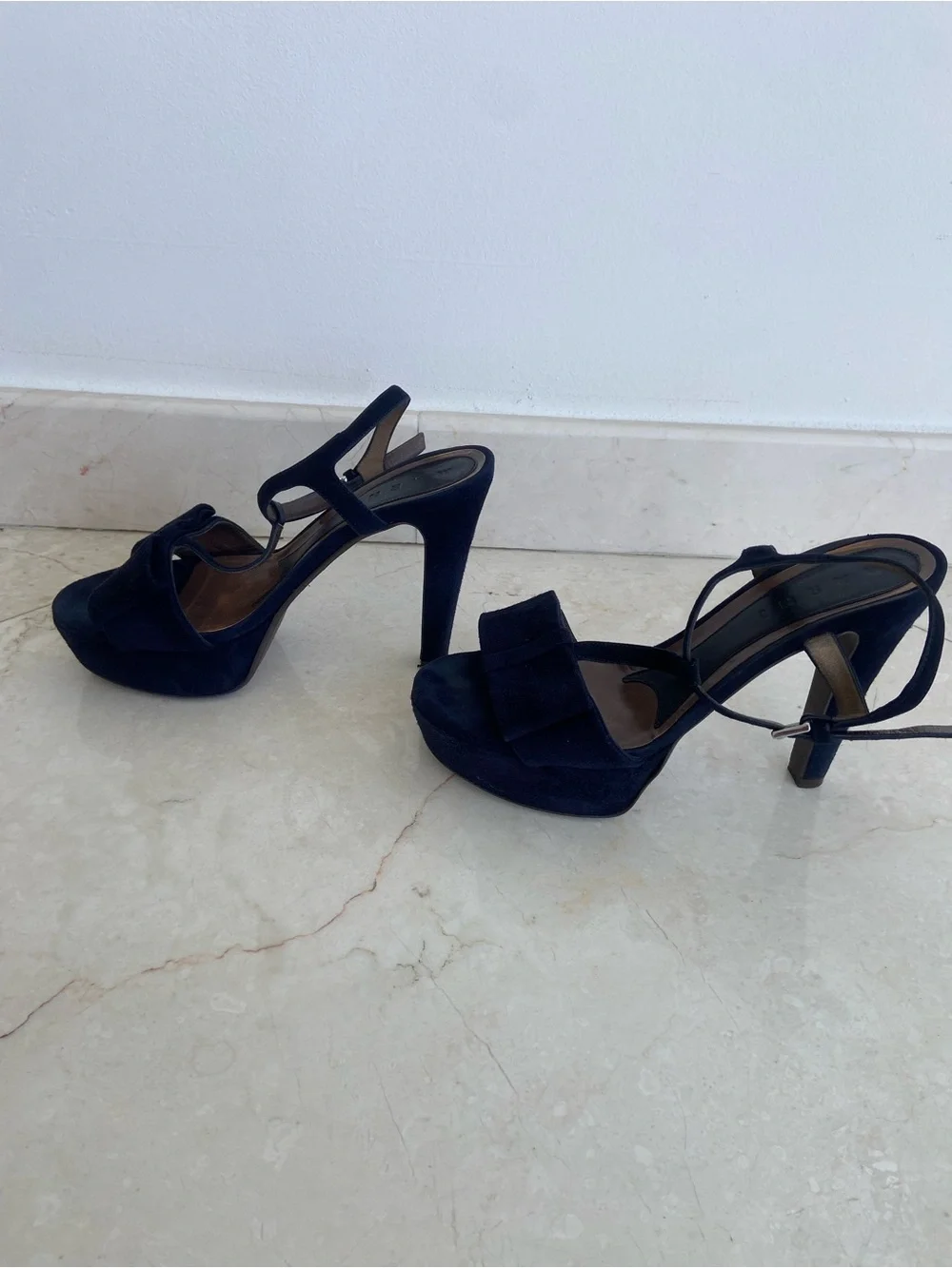 Marni Dark Navy Blue Suede T-Strap Bow Platform Sandals with Dust Bags